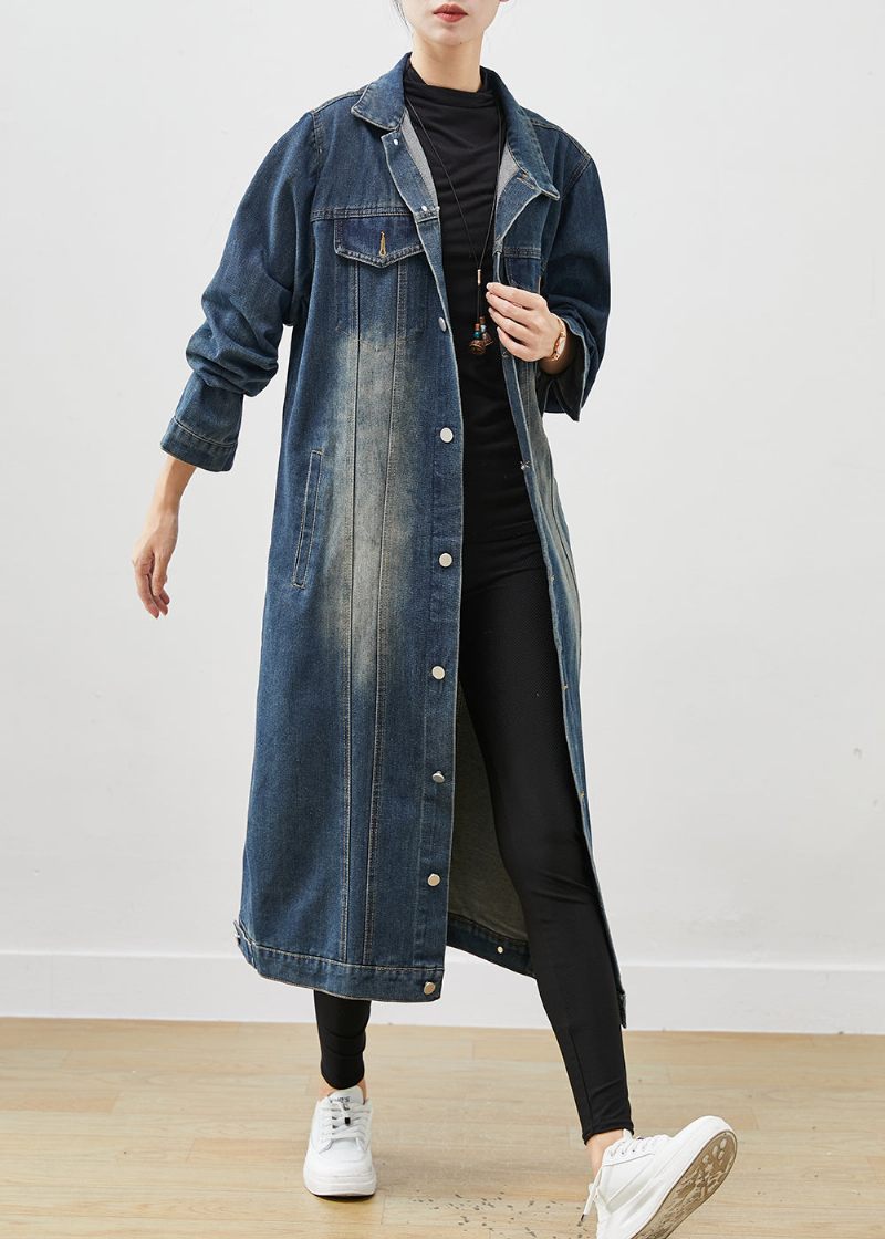 Fransk Marinblå Överdimensionerad Button Down Denim Trench Spring - Vinterkappor för kvinnor