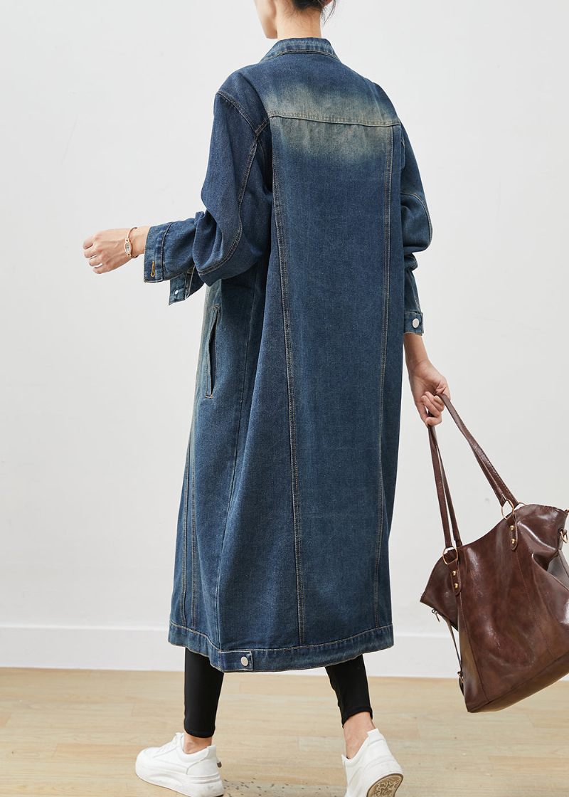 Fransk Marinblå Överdimensionerad Button Down Denim Trench Spring - Vinterkappor för kvinnor