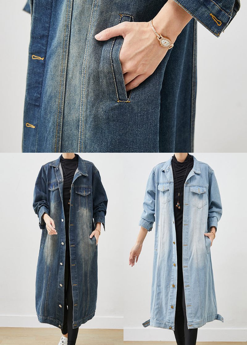 Fransk Marinblå Överdimensionerad Button Down Denim Trench Spring - Vinterkappor för kvinnor