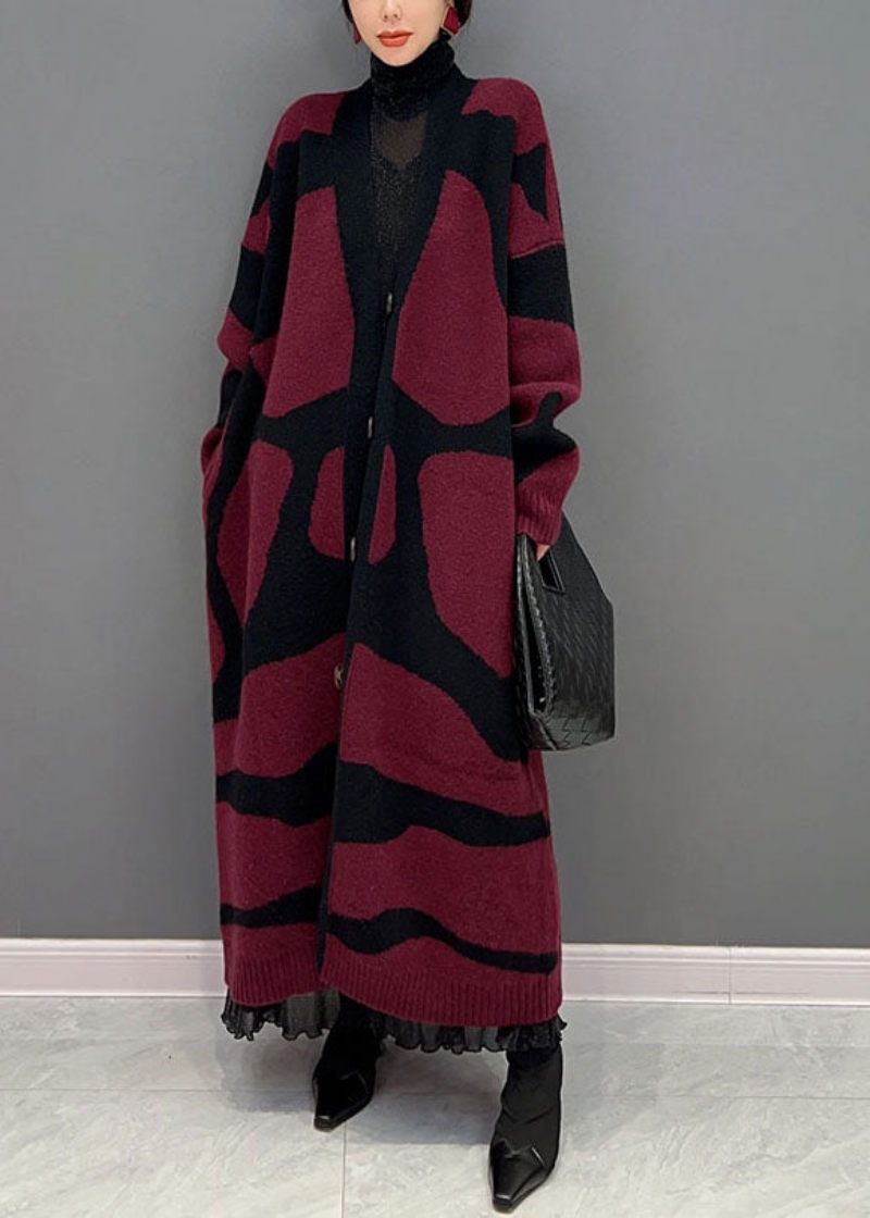 Fransk Röd Oversized Print Stickad Lång Cardigan Winter