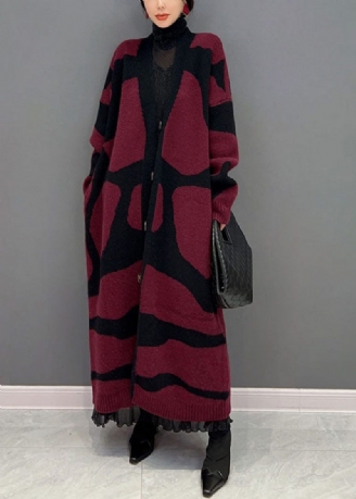 Fransk Röd Oversized Print Stickad Lång Cardigan Winter