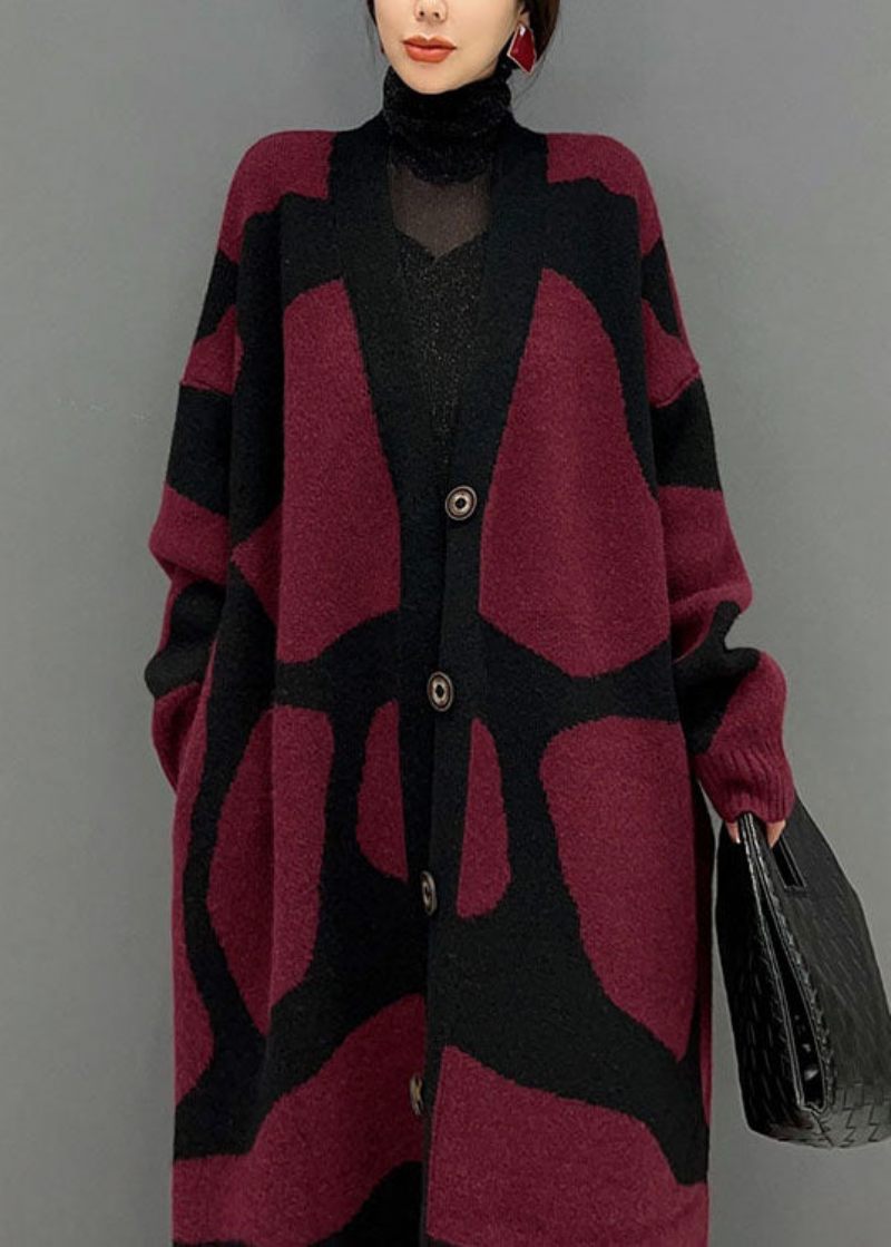 Fransk Röd Oversized Print Stickad Lång Cardigan Winter - Koftor för kvinnor