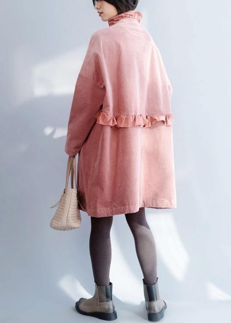 Fransk Rosa Fashion Trenchcoat Att Sy Jackor Med Volangkrage I Sidan - Rosa