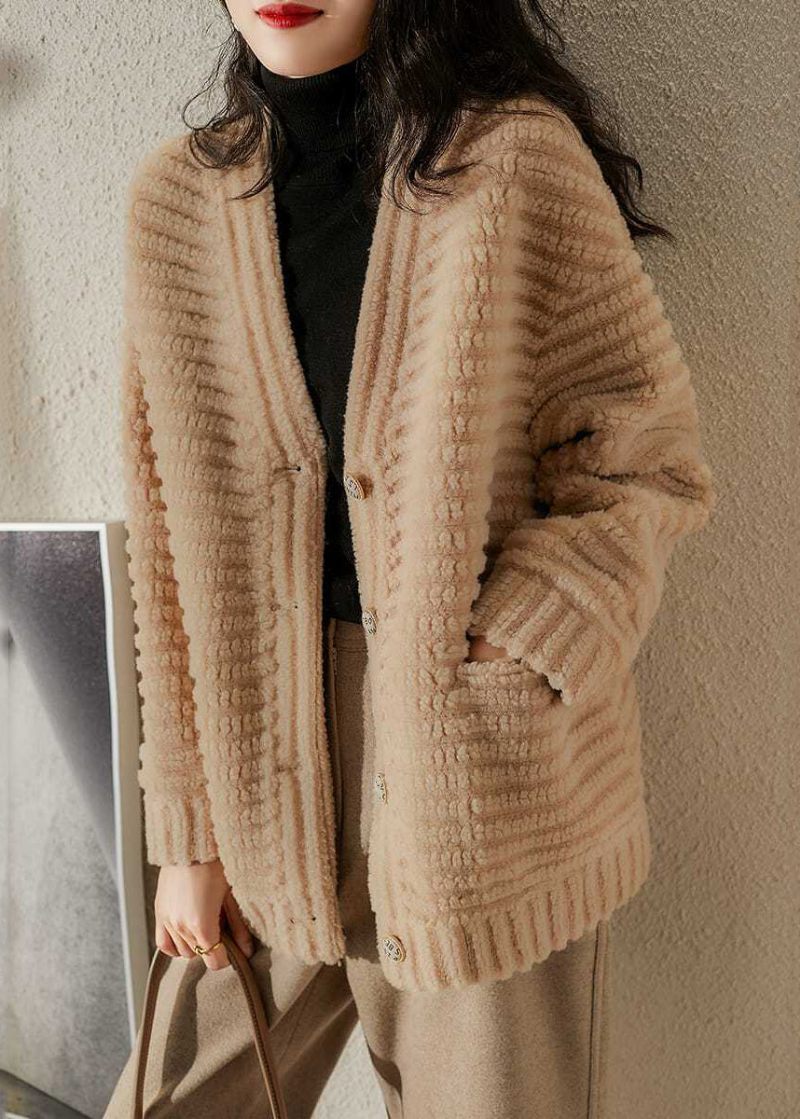 Franska Beige V-halsfickor Patchwork Ulljackor Vinter - Ullrockar för kvinnor