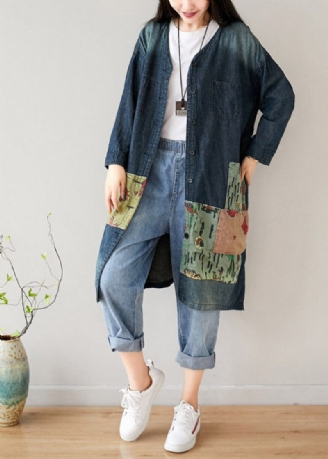 Franska Blå V-halsfickor Patchwork Jeansrockar Vår