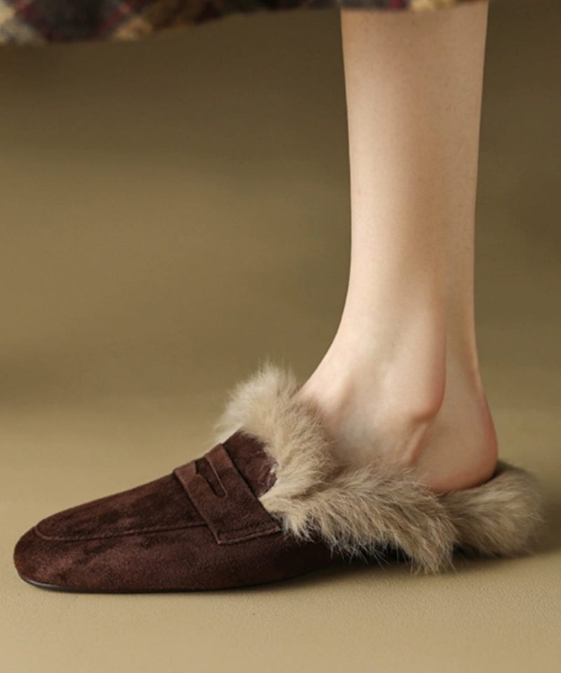 Franska Bruna Slide Sandaler Mocka Fuzzy Wool Fodrad - Ullrockar för kvinnor