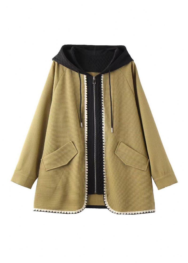 Franska Gula Blixtlåsfickor Patchwork Bomull Hooded Coat Fall - Vinterkappor för kvinnor