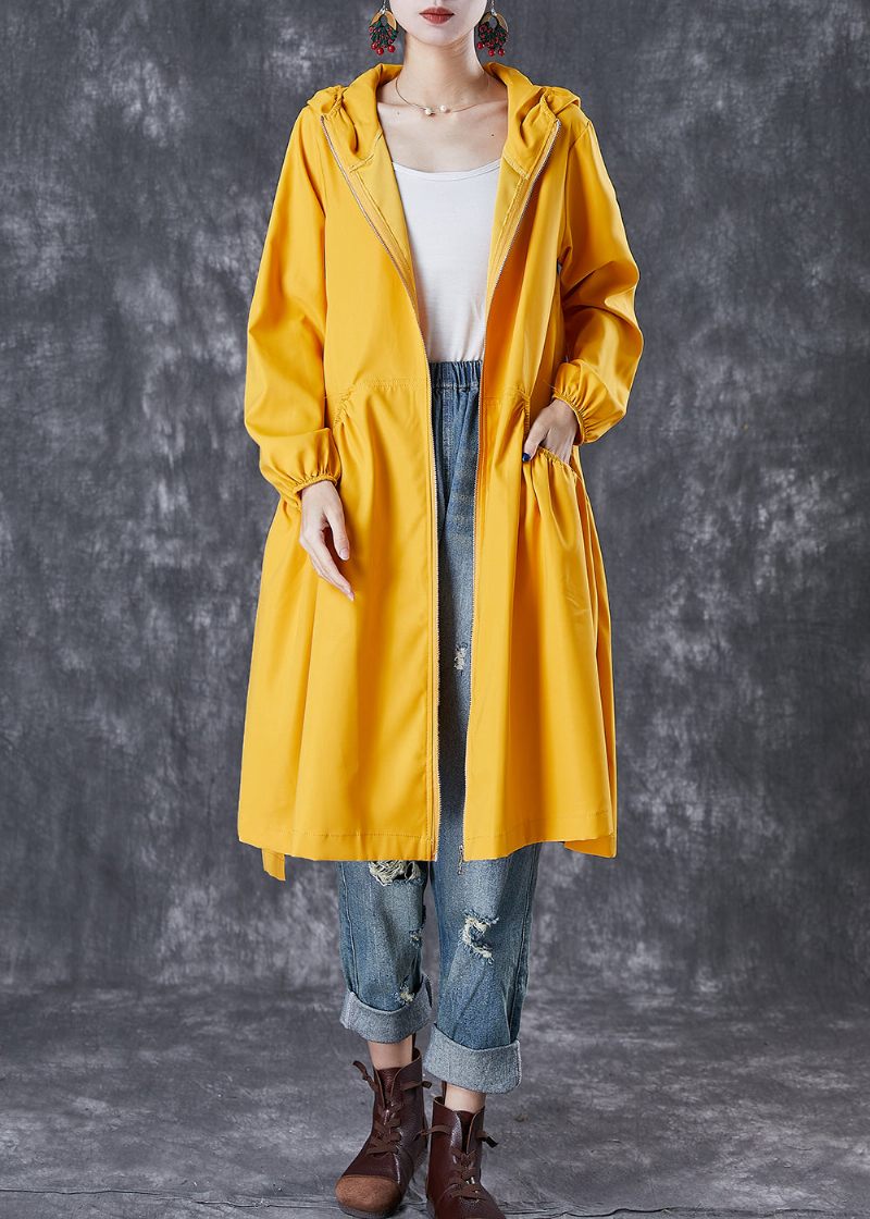 Franska Gula Hooded Pockets Trench Coats Fall - Trenchcoats för kvinnor