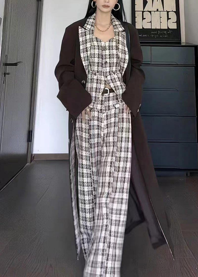 Franska Kaffe Peter Pan Krage Knapp Pläd Patchwork Trench Fall - Trenchcoats för kvinnor