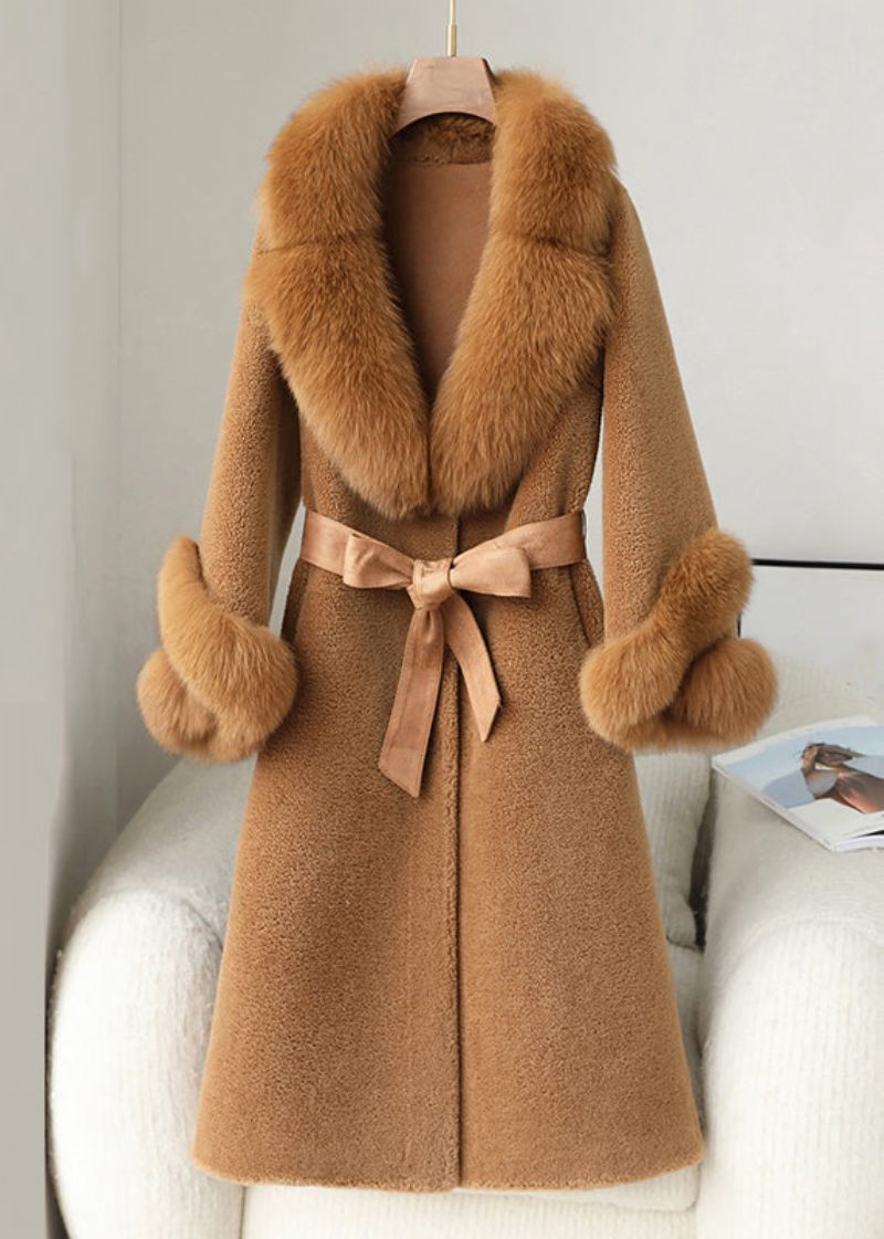 Franska Kaffeknappfickor Patchwork Fuzzy Fur Coat Vinter