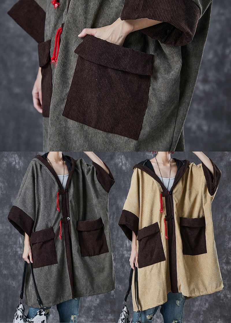 Franska Khaki Hooded Pockets Patchwork Varm Fleece Trench Spring - Trenchcoats för kvinnor