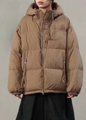 Franska Khaki Hooded Pockets Tjock Duck Dun Puffer Jacka Vinter