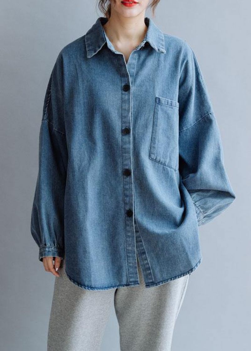 Franska Låg Hög Design Bomull Skjortor Kvinnor Mönster Denim Blå Blus Hösten