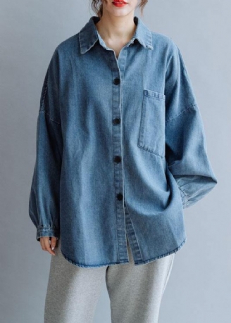 Franska Låg Hög Design Bomull Skjortor Kvinnor Mönster Denim Blå Blus Hösten