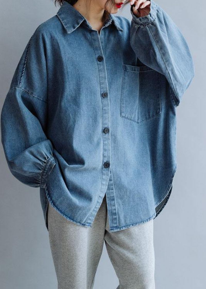 Franska Låg Hög Design Bomull Skjortor Kvinnor Mönster Denim Blå Blus Hösten - Jeansgrå