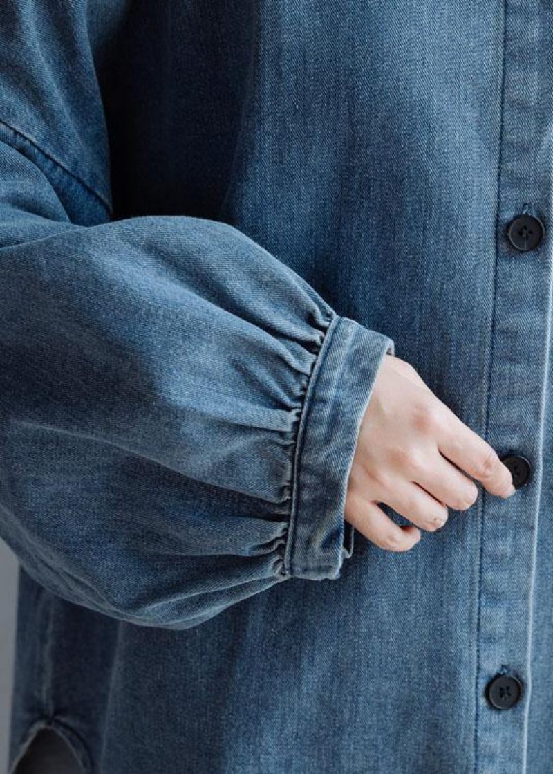 Franska Låg Hög Design Bomull Skjortor Kvinnor Mönster Denim Blå Blus Hösten - Jeansgrå