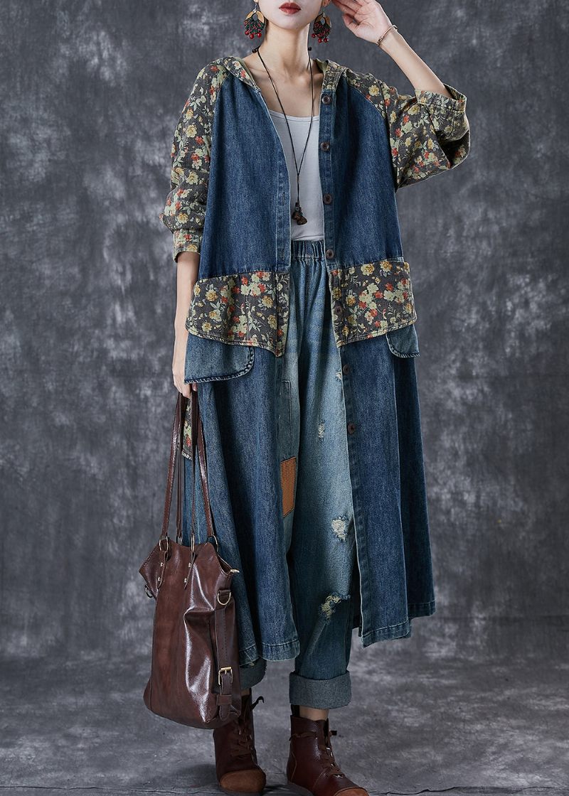 Franska Marinblå Oversized Patchwork Print Denim Trench Coats Hösten