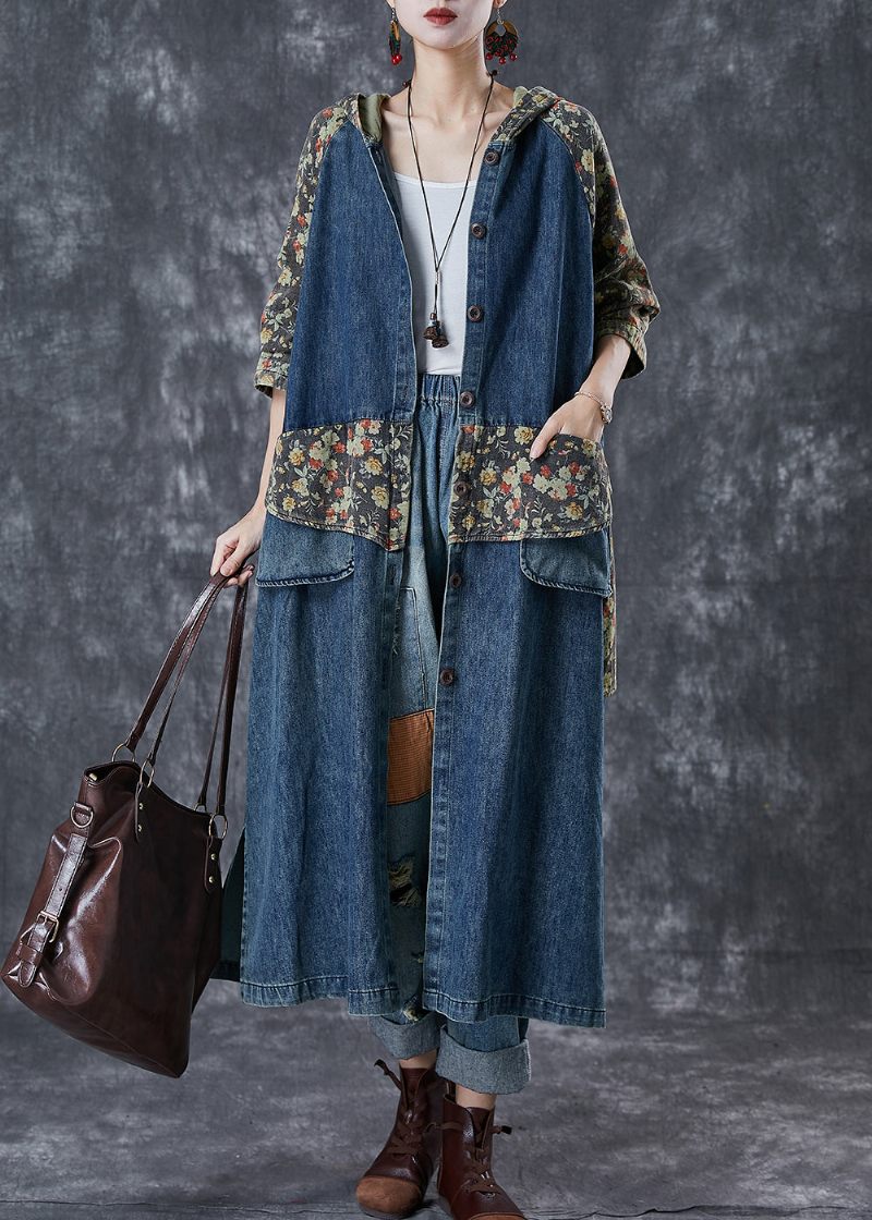 Franska Marinblå Oversized Patchwork Print Denim Trench Coats Hösten - Trenchcoats för kvinnor