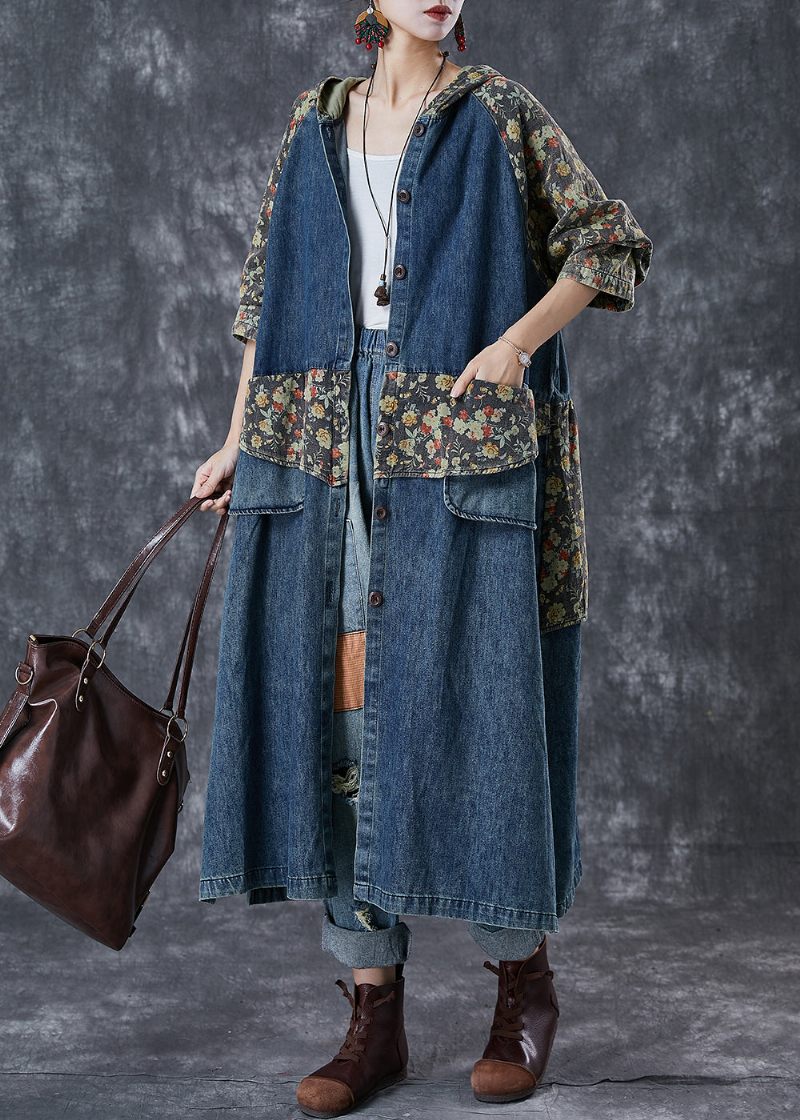 Franska Marinblå Oversized Patchwork Print Denim Trench Coats Hösten - Trenchcoats för kvinnor