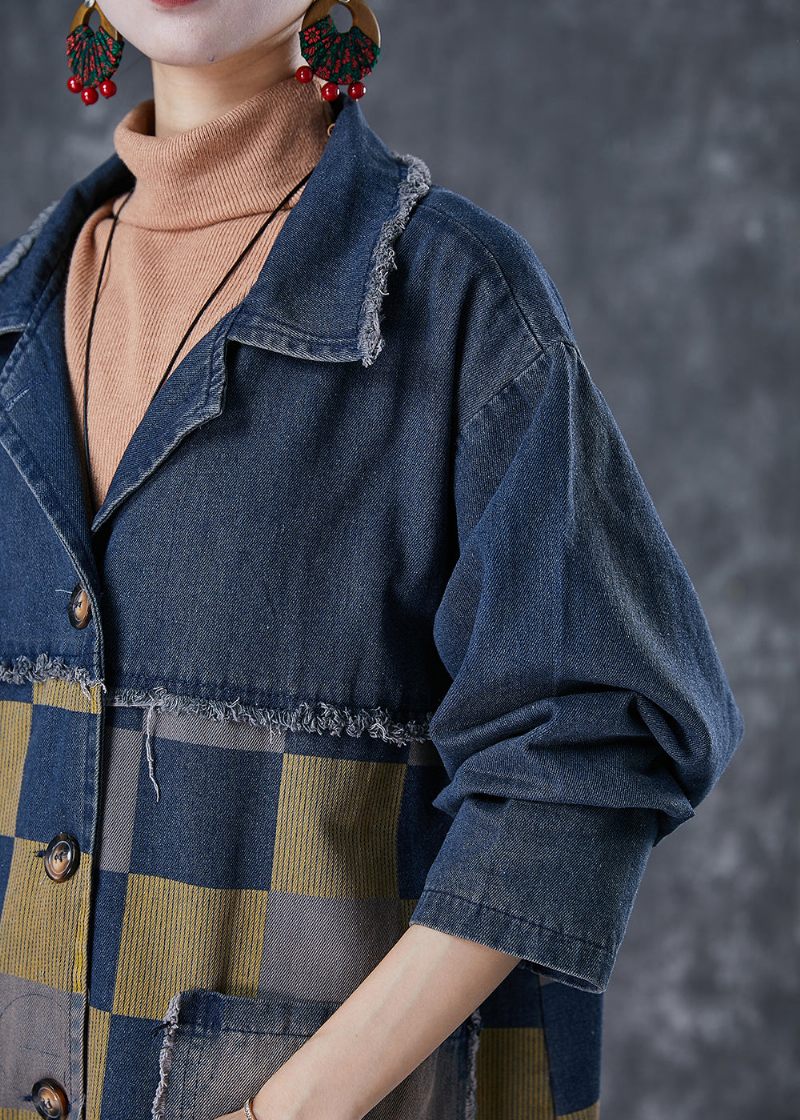 Franska Marinblå Oversized Patchwork Rutig Jeansjackor Höst - Trenchcoats för kvinnor