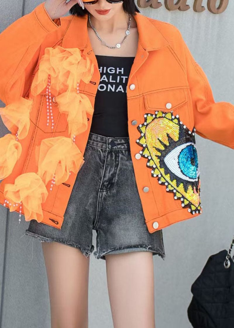 Franska Orange Tyllfickor Paljetter Nagelpärla Patchwork Denim Coat Spring