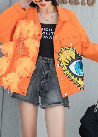 Franska Orange Tyllfickor Paljetter Nagelpärla Patchwork Denim Coat Spring