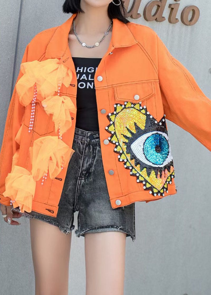 Franska Orange Tyllfickor Paljetter Nagelpärla Patchwork Denim Coat Spring - Vinterkappor för kvinnor