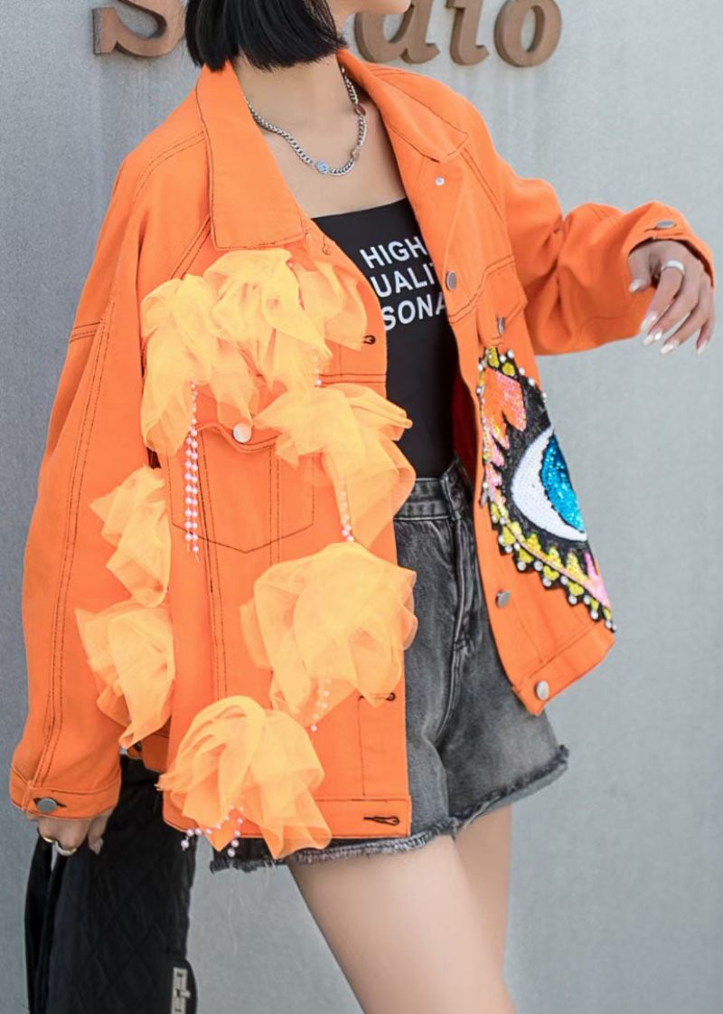 Franska Orange Tyllfickor Paljetter Nagelpärla Patchwork Denim Coat Spring - Vinterkappor för kvinnor