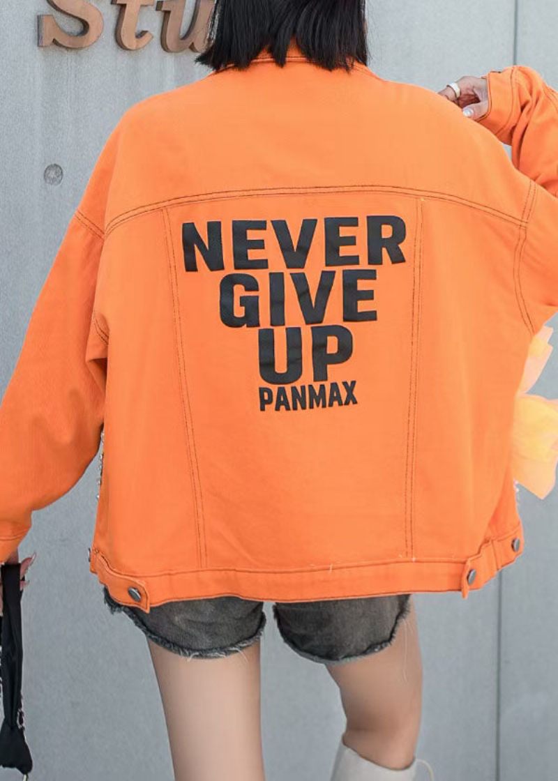 Franska Orange Tyllfickor Paljetter Nagelpärla Patchwork Denim Coat Spring - Vinterkappor för kvinnor