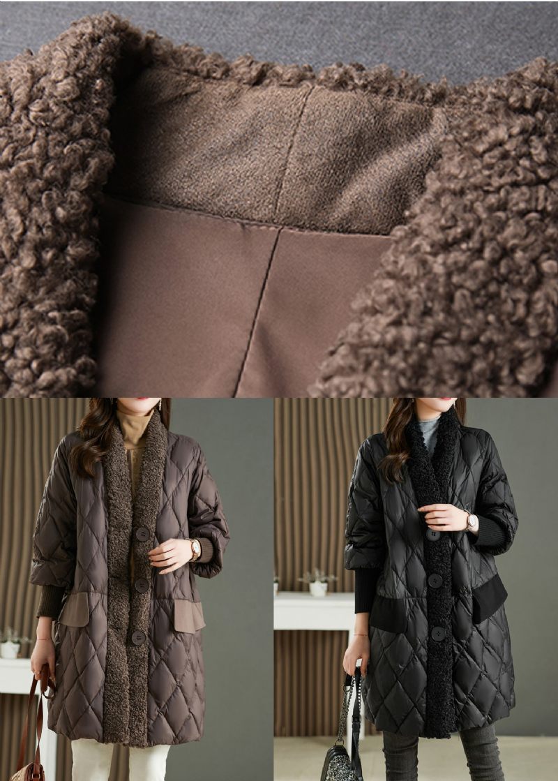 Franska Svarta Fickor Teddy Fuskpäls Patchwork Duck Down Parka Winter - Dunjackor för kvinnor