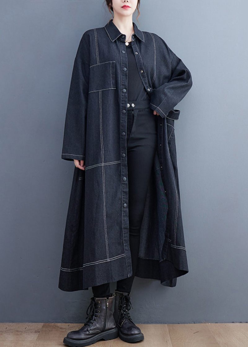 Franska Svarta Knappfickor Denim Lång Trenchcoat Höst