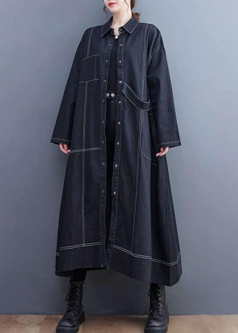 Franska Svarta Knappfickor Denim Lång Trenchcoat Höst - Trenchcoats för kvinnor