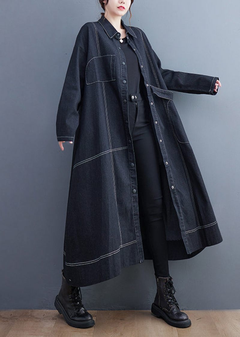 Franska Svarta Knappfickor Denim Lång Trenchcoat Höst - Trenchcoats för kvinnor