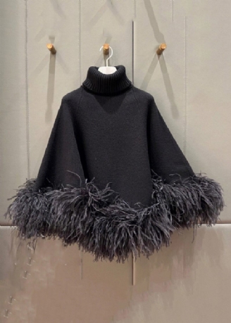 French Black Turtleneck Fluffy Patchwork Woolen Cape Tops Spring