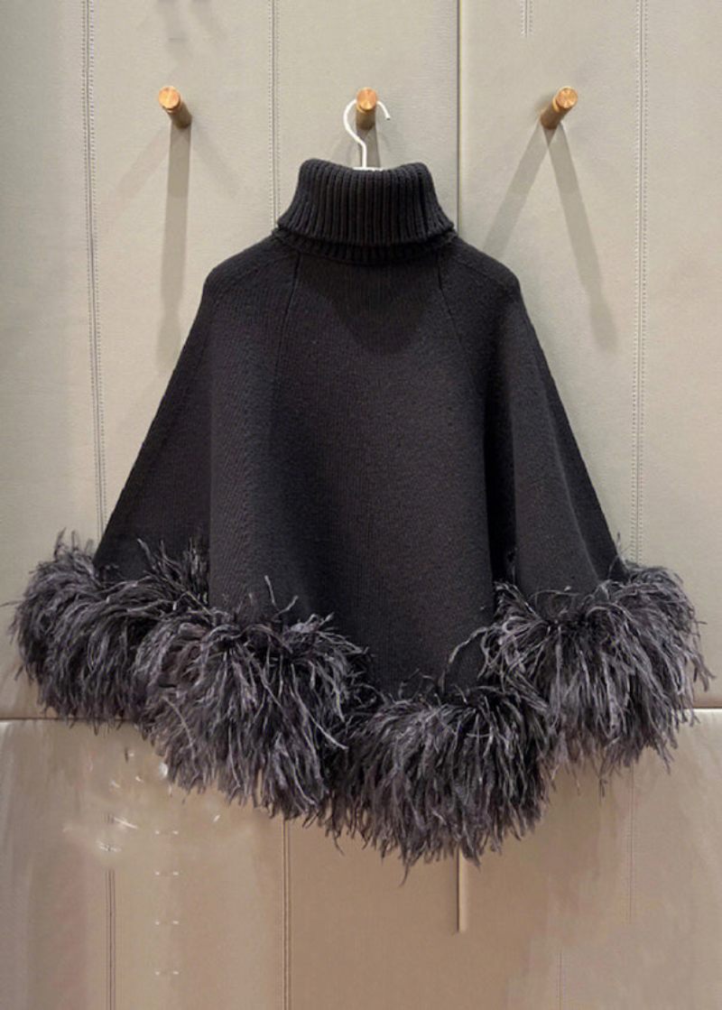 French Black Turtleneck Fluffy Patchwork Woolen Cape Tops Spring - Ullrockar för kvinnor