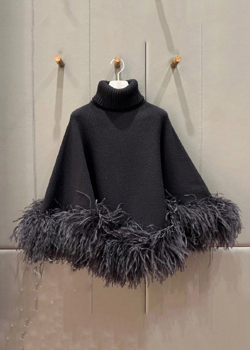 French Black Turtleneck Fluffy Patchwork Woolen Cape Tops Spring - Ullrockar för kvinnor