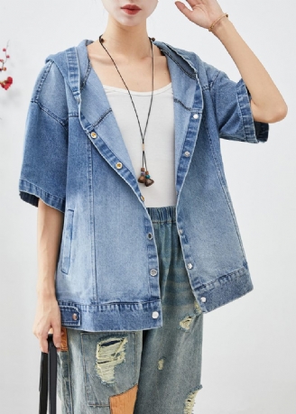 French Blue Hooded Oversized Denim Coat Kort Ärm