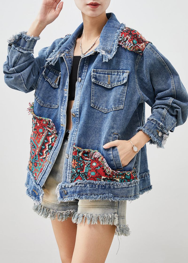 French Blue Oversized Patchwork Applique Denim Coats Spring - Vinterkappor för kvinnor