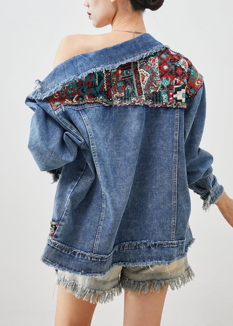 French Blue Oversized Patchwork Applique Denim Coats Spring - Vinterkappor för kvinnor