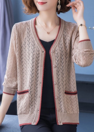 French Light Camel V-halsfickor Hollow Out Patchwork Tunn Stickad Cardigan Fall