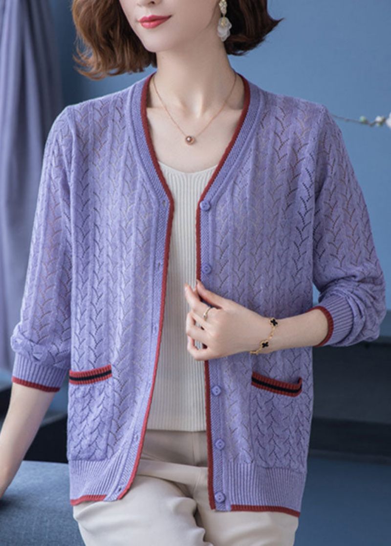 French Light Camel V-halsfickor Hollow Out Patchwork Tunn Stickad Cardigan Fall - Koftor för kvinnor