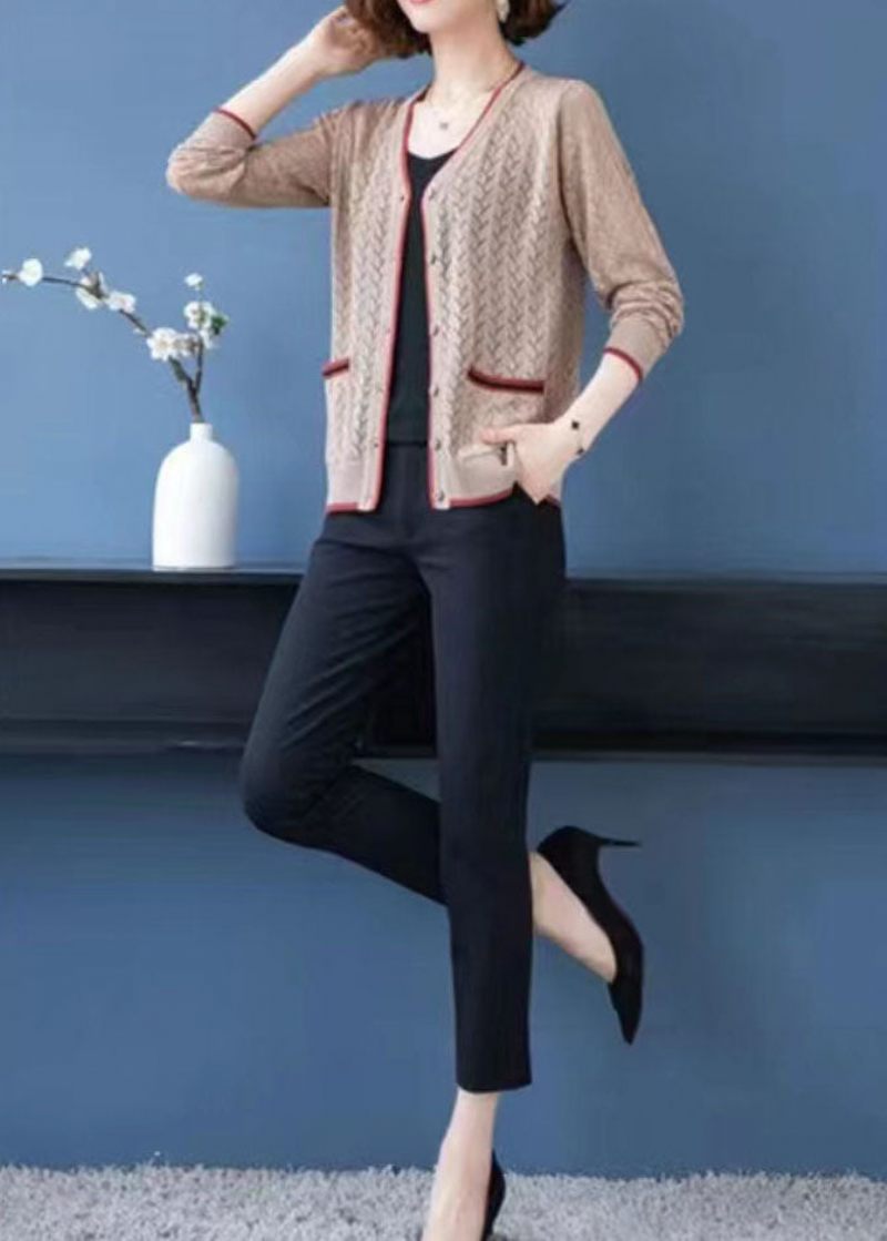 French Light Camel V-halsfickor Hollow Out Patchwork Tunn Stickad Cardigan Fall - Koftor för kvinnor