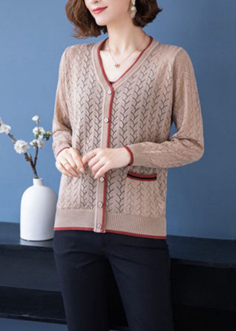 French Light Camel V-halsfickor Hollow Out Patchwork Tunn Stickad Cardigan Fall - Koftor för kvinnor