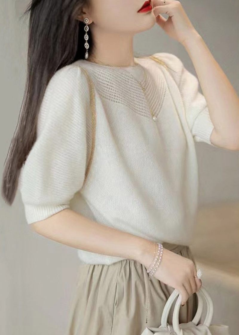 French White Hollow Out Puff Sleeve Patchwork Yllestickade Toppar