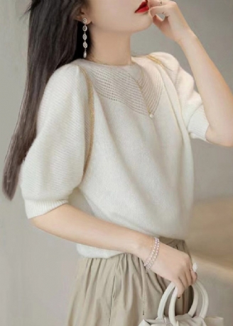 French White Hollow Out Puff Sleeve Patchwork Yllestickade Toppar