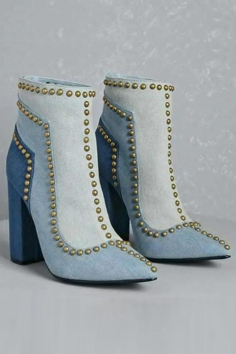 Golden Line Nitar Dubbar Denim Ankelboots Med Spetsad Tå Dam Chunky Heel Boots Dragkedja Baktill