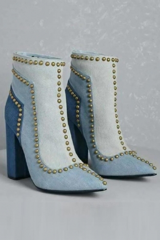 Golden Line Nitar Dubbar Denim Ankelboots Med Spetsad Tå Dam Chunky Heel Boots Dragkedja Baktill