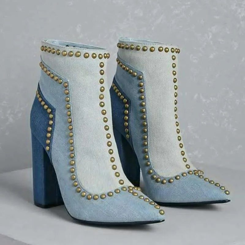 Golden Line Nitar Dubbar Denim Ankelboots Med Spetsad Tå Dam Chunky Heel Boots Dragkedja Baktill - Blå