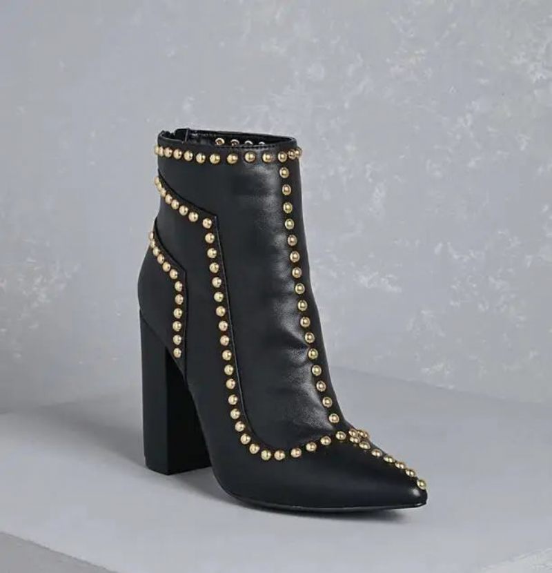 Golden Line Nitar Dubbar Denim Ankelboots Med Spetsad Tå Dam Chunky Heel Boots Dragkedja Baktill - Blå