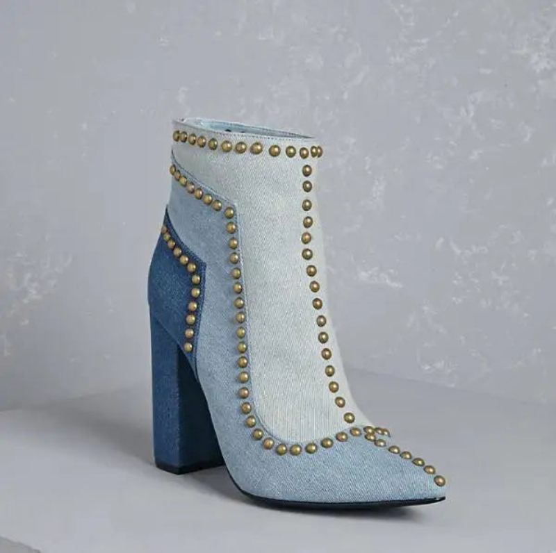 Golden Line Nitar Dubbar Denim Ankelboots Med Spetsad Tå Dam Chunky Heel Boots Dragkedja Baktill - Blå